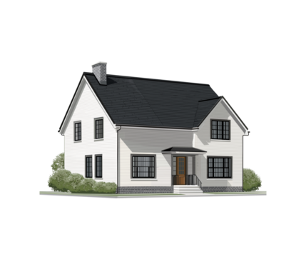 A simple two-story house with black windows, white walls, and a gray roof. The front of the building is decorated with small bushes on both sides.