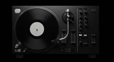 Fototapeta premium High-Angle Studio Shot of a Black Turntable with Vinyl Record on a Black Background