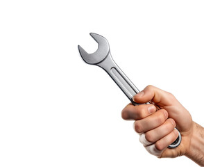 Hand holding a wrench, isolated on a white background. Detailed photograph, stock photo, stock photography, high-resolution image. 