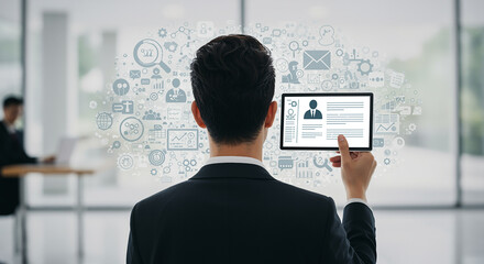 Businessman analyzing a candidate's digital profile on a tablet. Business concept of online recruitment and modern human resource technology.
