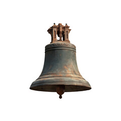  An old, rusty bell isolated on a white background, a PNG file for a photography backdrop with a transparent glass effect. 