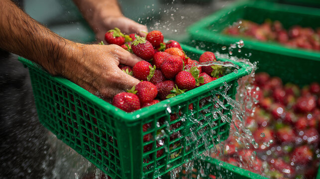 Farmer Washing Fresh Red Strawberries in Green Plastic Crate - Powered by Adobe