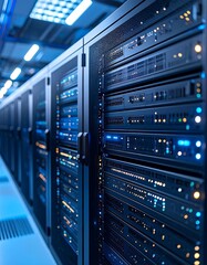 Cool blue-lit server racks in a data center