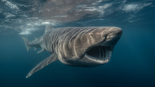 close up Basking Shark Filter-Feeding Underwater