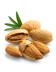 Close-up of several almonds, one cracked open, with green leaves