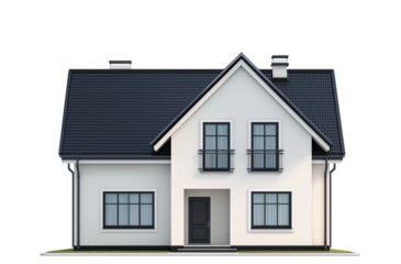 A simple two-story house with black windows, white walls, and a gray roof. The front of the building is decorated with small bushes on both sides.