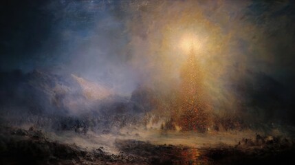 Obraz premium impressionist Christmas tree with luminous golden brushstrokes - golden light emanating through blue and teal atmospheric tones