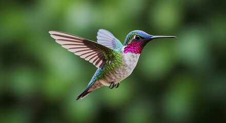 Stunning close-up of a vibrant male hummingbird hovering in mid-air with a lush green background.