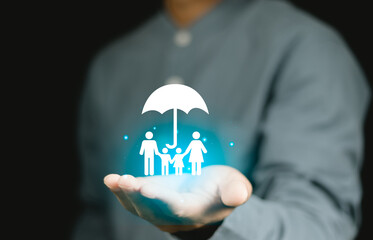 Life Insurance: Security, Protection. Businessman Holding Life Insurance Coverage on Global Technology Network, Financial Stability.