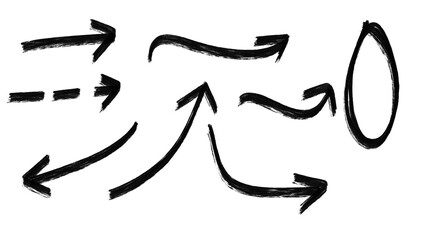Dynamic set of black hand-drawn arrows, brush strokes, artistic directions for emphasis and navigation on transparent background
