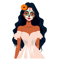 Elegant vector illustration of a woman wearing Day of the Dead makeup, a white dress, and an orange flower in her hair. Perfect for festive designs and cultural celebrations.