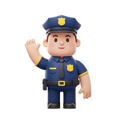 A friendly cartoon police officer waves hello with a welcoming smile ready to serve and protect the community with a cheerful demeanor.