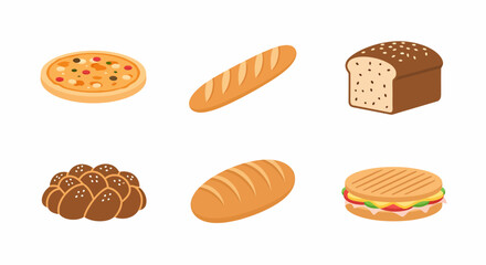 An assortment of baked goods including pizza, baguette, a sliced loaf, braided bread, and a panini sandwich.