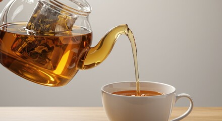 Golden Herbal Tea Pouring from Glass Teapot into White Cup, Close-Up