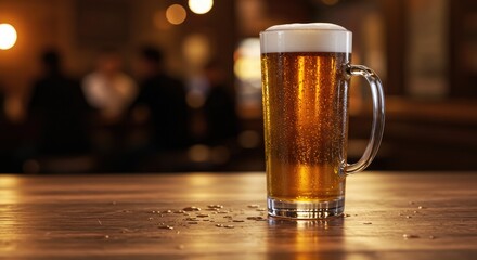 Golden Beer Mug on Wooden Bar Top with Bokeh Lights and Water Droplets