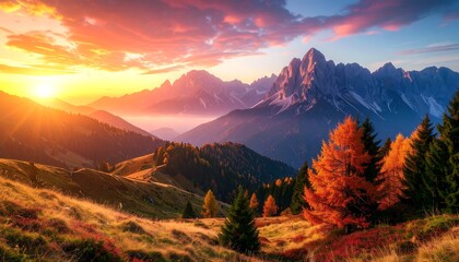 Vibrant sunset paints a majestic mountain range in autumnal hues, casting long shadows across rolling hills and golden meadows