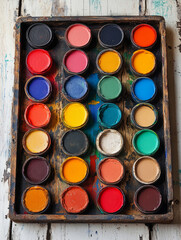 Assorted colorful paint pots in a rustic wooden tray.