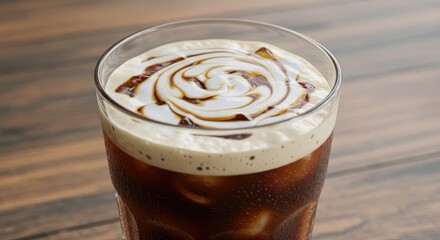 Iced Coffee Delight: Creamy Swirls and Refreshing Brew on Rustic Wood