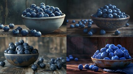 A cluster of ripe and juicy blueberries arranged in a ceramic bowl with a few berries spilling out onto a wooden surface showcasing their deep blue color