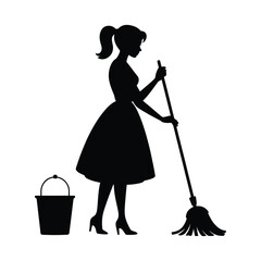 Silhouette of a woman cleaning with a mop and bucket