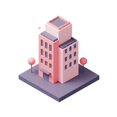 A charming isometric illustration of a modern building with trees suggesting urban planning and architectural design.