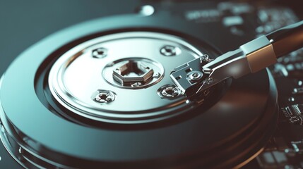 Close-up view of a hard drive platter and arm with fine details visible