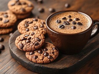 Fresh chocolate chip cookies with coffee on wood. Perfect for blog posts, social media, or recipes.
