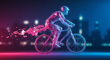 Futuristic low-poly cyclist racing through a neon-lit city at night, representing digital speed and virtual competition in the metaverse