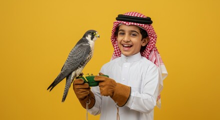 Cheerful young Saudi boy holds a falcon on his gloved hand against a vibrant yellow background