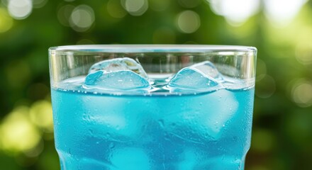 Refreshing Blue Drink with Ice in a Glass, Outdoor Setting