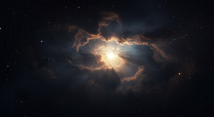 A breathtaking cosmic landscape showing the celestial birth of a new star, with golden light rays piercing through dark interstellar dust clouds.
