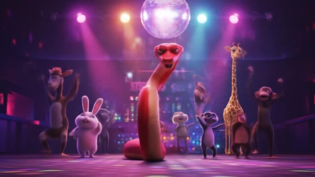 A colorful animated party scene with dancing animals and a disco ball.