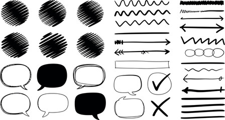 A collection of hand drawn elements including circles lines arrows speech bubbles check and x marks