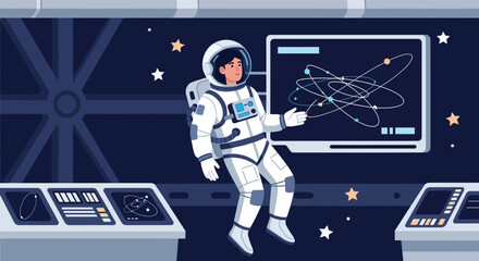 Astronaut Explaining Science In Space Station With Starry Background © Rizqi