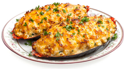 Two stuffed seafood halves, topped with melted cheese and parsley