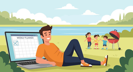 Relaxed Dad Working Remotely While Family Enjoys Picnic Day Outdoors