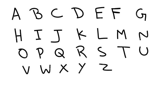 Playful hand-drawn alphabet with casual charm featuring uppercase letters displayed alphabetically on a transparent background