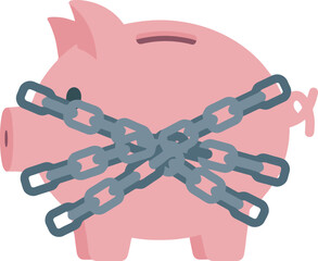 A chained piggy bank symbolizes restricted access to savings.