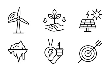 A black and white line art icon set illustrating eco-friendly concepts including wind energy, plant care, solar power, melting iceberg, renewable electricity, and goal targeting, ideal for sustainabil