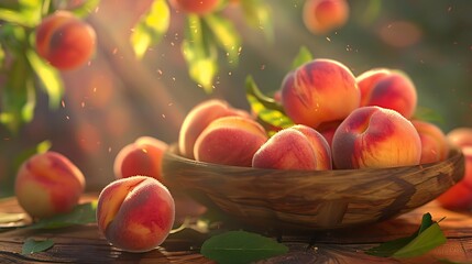 A cluster of ripe and juicy peaches arranged in a wooden bowl with their fuzzy skin catching the sunlight and a few leaves scattered around for decoration