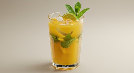 Fototapeta premium Refreshing Mango Mojito: Tropical Cocktail with Mint, Lime, and Ice