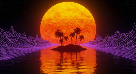 A retro-futuristic vision of a tropical island with palm trees under a massive glowing sun, flanked by purple neon wireframe mountains and sea.