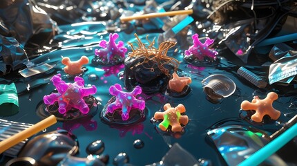 An imaginary scene showing a colony of strange mutated microbes trapped inside a pool of oily, iridescent water surrounded by decaying plastic debris 