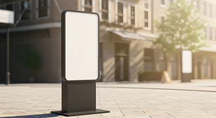 Mockup empty white advertising placed at footpath. Outdoor advertisement template poster for urban commercial marketing campaigns. Selective focus