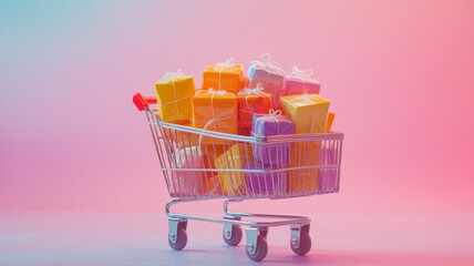 Shopping cart filled with colorful gift boxes on gradient background.