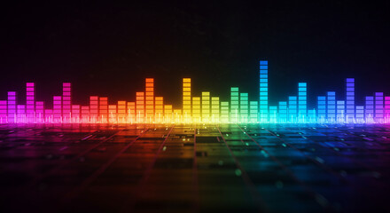 A vibrant digital audio equalizer with glowing rainbow colored bars representing sound waves and musical frequency on a dark background.