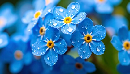 Close-up of vibrant blue flowers with water droplets, showcasing delicate petals and yellow centers