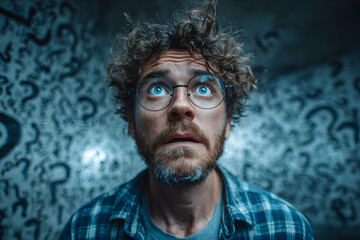 Confused business person looking at abstract question marks and arrows on light background representing uncertainty and complex decision making.