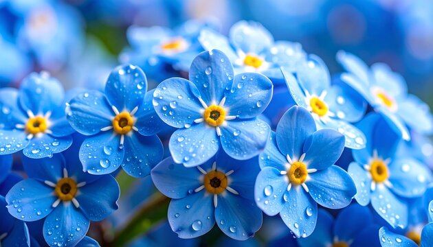 Close-up of vibrant blue flowers with water droplets