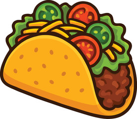 Cartoon Taco with Ground Beef Lettuce Cheese Tomatoes and Jalapenos